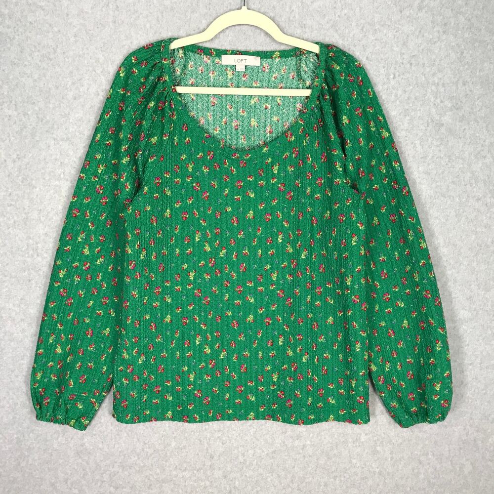 Loft Textured Knit Top Medium Green Ditsy Floral Cottage Grandma Stretch
